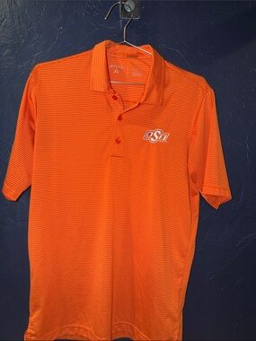 Antigua Orange Striped Polo with OSU Emblem